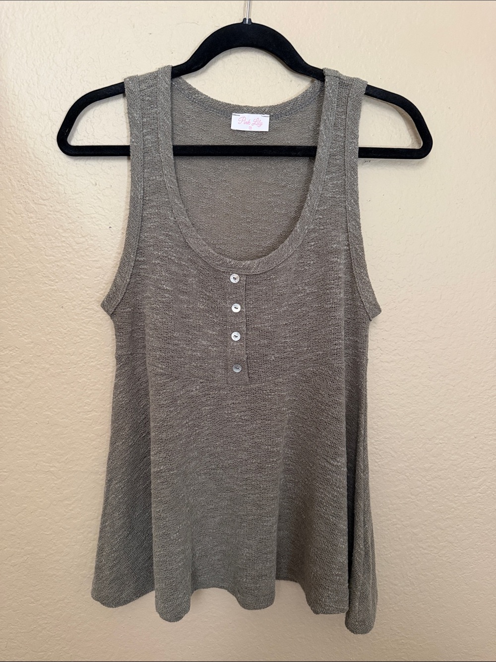 Pink Lily Olive/Taupe Scoop Neck Tank with Button Placket- Medium